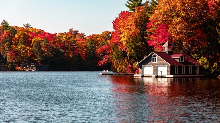 Lakeside cottage in Ontario during autumn