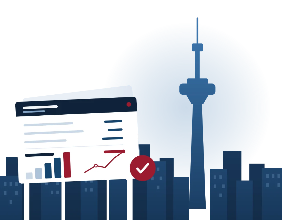 Toronto skyline with the CN Tower beside a financial statement showing a rising chart